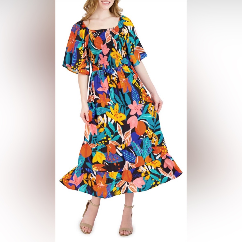 NWT Nordstrom Robbie Bee Floral Smocked Maxi Dress Small Multi Black - Picture 2 of 4